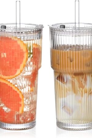 20oz Ribbed Glass Cups with Lids and Straws,2PCS Glass Tumbler with Straw and Lid,Drinking Glasses for Iced Coffee Cups,Juice,Smoothies
