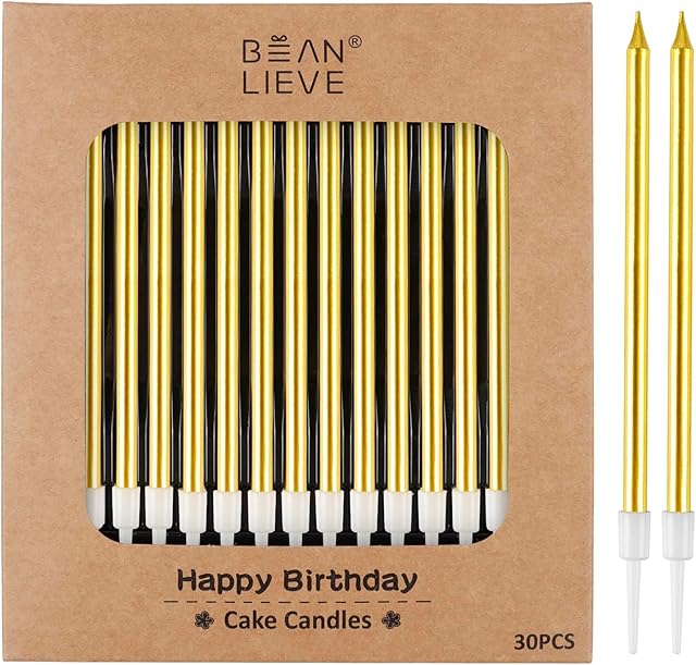 BEAN LIEVE 30-Count Gold Long Thin Metallic Birthday Candles, Cake Candles, Birthday Parties, Wedding Decorations, Party Candles, Cake Decorations