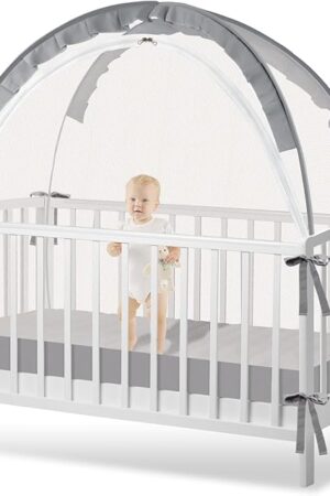 Crib Tent to Keep Baby from Climbing Out - Crib Net to Keep Baby in - Pop Up Breathable Cribs Cover - Canopy with Upgrade Strong Mesh and Durable Zipper (Grey, Lager)