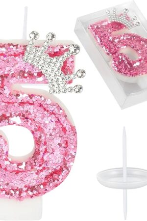 Birthday Number Candles,Pink Crown Birthday Candles for Cake,Glitter Number 5 Candle Cake Topper with Sequins for Girls,Women, Anniversary Celebrations Supplies (Pink 5)