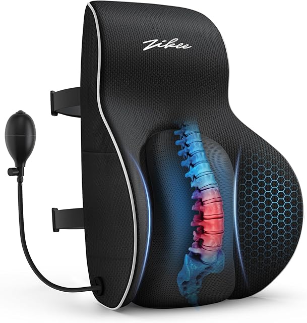 ZIKEE Adjustable Airbag Lumbar Support Pillow Provides Comfortable Support Back Pain Relief and Improves Posture, Ergonomic Memory Foam Back Support Pillow with Dual Straps for Office Chair, Car, Home
