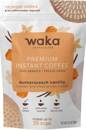Waka Premium Instant Coffee — Butterscotch Vanilla Flavored — 100% Arabica Freeze Dried Beans — For Hot or Iced Coffee (3.5 Ounces Pouch)