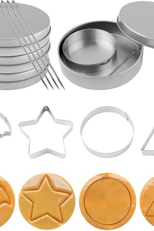 12pcs Stainless Steel Game Cookie Cutters, Korean Dalgona Candy Sugar Making Tools with Umbrella, Triangle, Star, Round Biscuit Molds for Christmas, Valentine's Baking Kits, Tin Boxed Party Favors