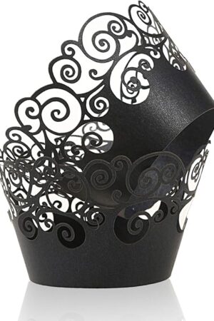 Cupcake Wrappers, KPOSIYA 100 Pack Cupcake Wraps Filigree Artistic Bake Cake Paper Cup Little Vine Laser Cut Liner Baking Cups Muffin Case Trays for Wedding Party Birthday Decoration (100, Black)