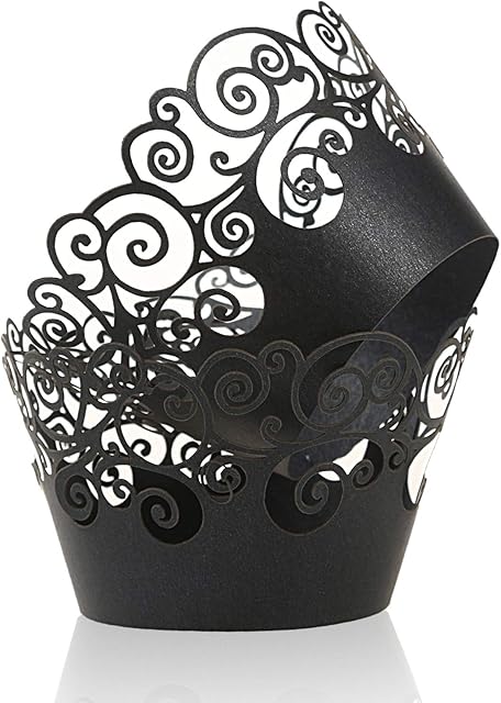 Cupcake Wrappers, KPOSIYA 100 Pack Cupcake Wraps Filigree Artistic Bake Cake Paper Cup Little Vine Laser Cut Liner Baking Cups Muffin Case Trays for Wedding Party Birthday Decoration (100, Black)