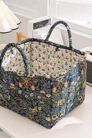 Boho Fabric Quilted Storage Basket, Floral Laundry Basket with Handle, Padded Laundry Hampers, Collapsible Bohemian Style Puffer Tote, Large Capacity Portable Underwear Sorting Baskets