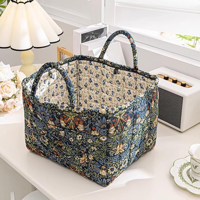 Boho Fabric Quilted Storage Basket, Floral Laundry Basket with Handle, Padded Laundry Hampers, Collapsible Bohemian Style Puffer Tote, Large Capacity Portable Underwear Sorting Baskets