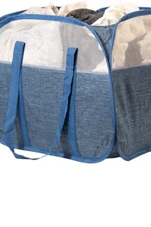 Collapsible Laundry Basket, 90L Foldable Pop-up Laundry Hamper with Reinforced Handles, Tear Proof Mesh Dirty Clothes Hamper for Laundry (Blue)