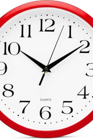 Bernhard Products Red Wall Clock Silent Non Ticking - 10 Inch Quality Quartz Battery Operated Round Easy to Read Home/Kitchen/Office/Classroom/School Clocks, Vintage Retro Red Frame Black Numbers