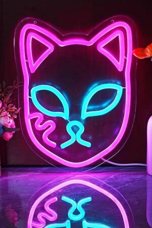 Demon Fox Face Neon Sign, Japanese Anime Slayer Neon Light for Wall Decor, Bedroom, Game Room, Birthday Party, Dimmable, USB Powered, Pink, Ice Blue(11.8"x9.2")