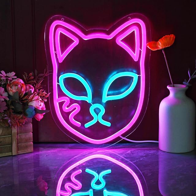 Demon Fox Face Neon Sign, Japanese Anime Slayer Neon Light for Wall Decor, Bedroom, Game Room, Birthday Party, Dimmable, USB Powered, Pink, Ice Blue(11.8"x9.2")