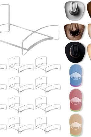 Cowboy Hat Rack(12Pack)-Wide Brimmed Organizer-Strong Adhesive Cowboy Holder-2.2Inch Hooks for Walls-2 Mounting Option Holder- Hangers for Doors and Closets-Clear