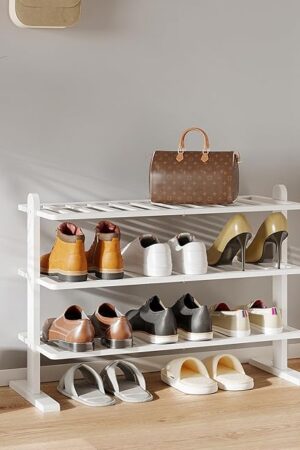 Varhomax White Shoe Rack, Bamboo Shoe Rack Organizer for Closet and Entryway, Thick Wooden Free Standing Shoe Shelf for Small Spaces, Sturdy & Versatile for Bedroom, Bathroom, Garage (3-Tier)