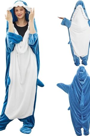 Bcareself Shark Blanket Adult Kid Hoodie Onesie, Wearable Shark Blanket, Soft Cozy Flannel Shark Sleeping Bag