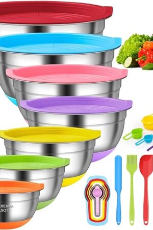 CHAREADA Mixing Bowls with Airtight Lids, 18pcs Stainless Steel Nesting Colorful Mixing Bowls Set Non-slip Silicone Bottom, Size 7, 5.5, 4, 3.5, 2.5, 2, 1.5 qt, Fit for Mixing & Serving