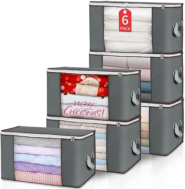 Budding Joy Clothes Storage, Foldable Large Blanket Storage Bags with Zippers, Storage and Organization for Clothing, Comforter, Bedding, Toys, Closet Organizers with Enhanced Handle, 60L 6 Pack Gray