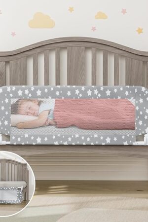 Crib Rail Guard for Toddlers - 35.4" Toddler Bed Rails Convertible Safety Side Protector Swing Down Mesh Breathable Bed Barriers with Reinforced Anchor Safety