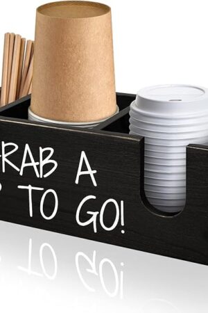 Coffee Station Organizer for Cup and lid Storage Box, Farmhouse Wood Coffee Bar Accessories Disposable Cup Holder for Counter Decor - Black