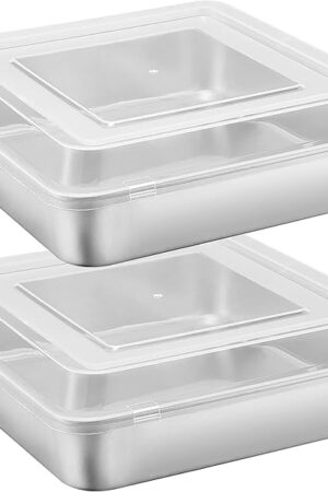 E-far 9 Inch Square Cake Pan with lid, 9x9 Baking Brownie Pans Stainless Steel Bakeware Set of 2, Non-toxic & Healthy, Easy Clean & Dishwasher Safe - 4 Pieces(2 Pans + 2 Lids)