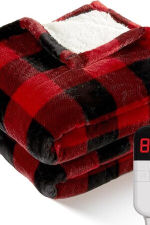 Electric Heated Sherpa Buffalo Plaid Christmas Throw Blanket with 8 Heating Levels & 8 Hours Auto Off, Fast Heating Warm Plush Washable Blanket with Over-Heat Protection, ETL Certification, Red