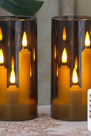 3 in 1 Flameless Taper Short Candles with 10 Key Remote Control and Timer, Battery Operated Pack of 2 LED Acrylic 3" x6" Grey Pillar Flickering Warm Light