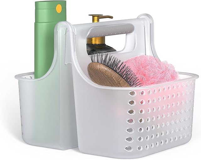 Brookstone Portable Shower Caddy Bathroom Organizer Basket, Plastic Bath Tote Perfect Size for Dorm/College, Frosted Clear