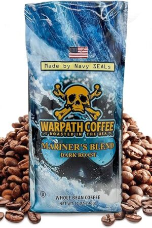 Warpath Coffee Dark Roast Whole Bean Coffee, Mariner's Blend, High Caffeine, Extra Strong Roasted 100% Arabica Coffee Beans Whole, Rich Aroma, Full-Bodied Intense Cup, Created by Navy SEALs, 12oz