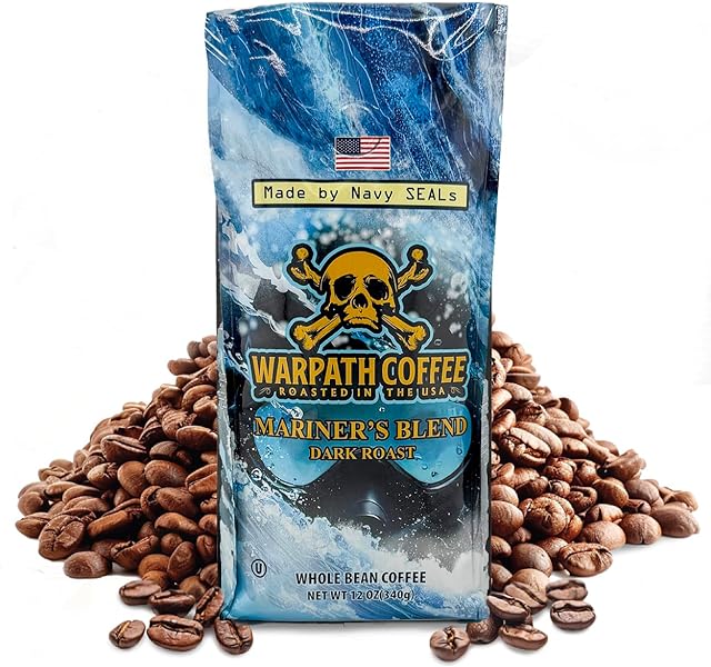 Warpath Coffee Dark Roast Whole Bean Coffee, Mariner's Blend, High Caffeine, Extra Strong Roasted 100% Arabica Coffee Beans Whole, Rich Aroma, Full-Bodied Intense Cup, Created by Navy SEALs, 12oz
