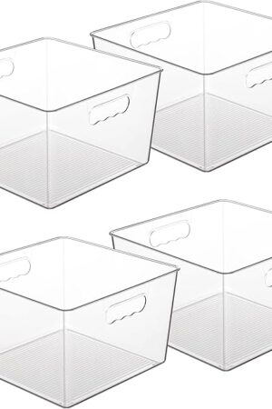 Vtopmart 4 Pack Extra Large Clear Plastic Storage Bins,11x11 Cube Acrylic Organizer Square Containers with Handle for Pantry,Closet,LaundryRoom,Kitchen,Bathroom,UnderSink Organization