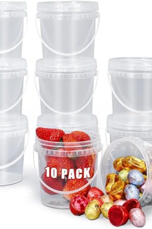 ASEVAT 16 oz 10 Pack Airtight Clear Plastic Bucket with Lid, Ice Buckets for Parties, Reusable Ice Cream cup with Handle, Food Storage Container, Food Grade Freezer and Microwave Safe for Sauce, Soup