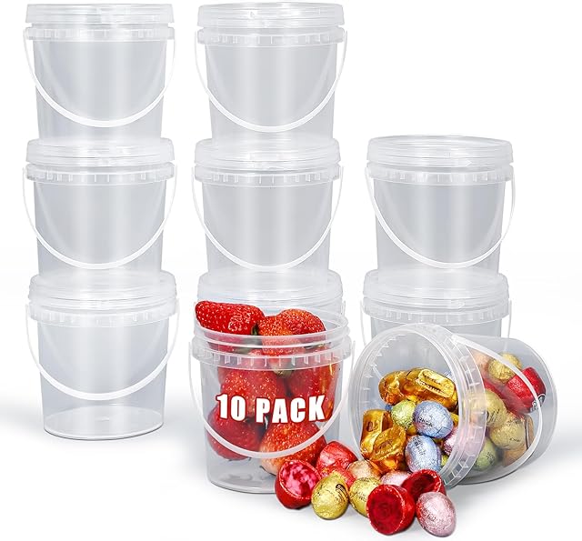 ASEVAT 16 oz 10 Pack Airtight Clear Plastic Bucket with Lid, Ice Buckets for Parties, Reusable Ice Cream cup with Handle, Food Storage Container, Food Grade Freezer and Microwave Safe for Sauce, Soup