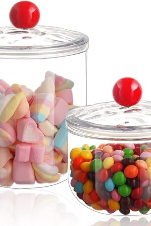 2 Pack Candy Jars with Lids - 47 & 30 OZ Clear Plastic Cookie Storage Containers Airtight Apothecary Canisters for Kitchen Home Decorative Pantry Office Party Organize Sugar Tea Coffee Snacks