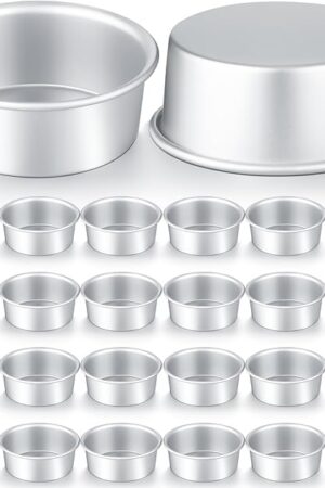 Domensi 24 Pack Small 4 Inch Cake Pan Aluminum Mini Round Cake Baking Pans Tins Set with 100 Pcs Parchment Paper Rounds Non Toxic Healthy Leakproof Easy Clean Mirror Finish Dishwasher Safe