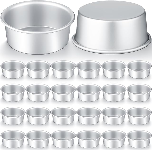 Domensi 24 Pack Small 4 Inch Cake Pan Aluminum Mini Round Cake Baking Pans Tins Set with 100 Pcs Parchment Paper Rounds Non Toxic Healthy Leakproof Easy Clean Mirror Finish Dishwasher Safe