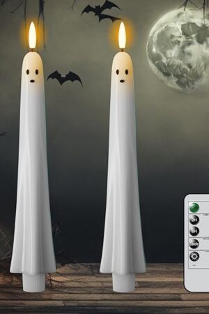 DRomance Halloween Ghost Flameless Taper Candles Flickering Battery Operated with Remote and Timer 3D Wick White Real Wax LED Taper Candles Halloween Dinner Decoration Indoor(2 Pack, 0.79"D x 9.5"H)