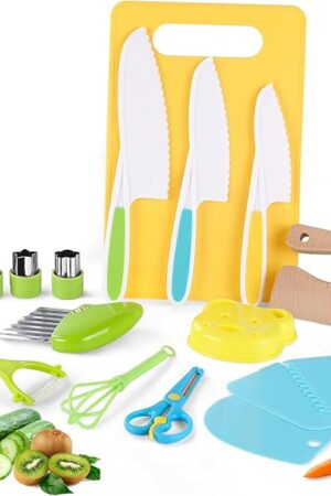 16PCS Montessori Kitchen Tools Cookware Baking Toy, Toddler Baking Set for Real Cooking Includes 3 Serrated Edges Plastic Toddler Knives, Cutting Board, Y Peeler, Egg Beater, Toddler Food Picks