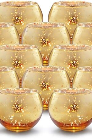 Volens Round Gold Votive Candle Holders, Mercury Glass Candle Holder Set of 12, Diwali Decorations for Home