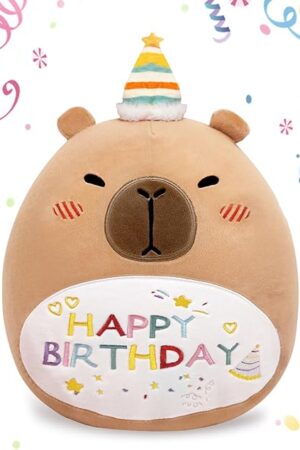 Capybara Birthday Plush 14in Stuffed Animal Pillow Cute Happy Birthday Capybara Gifts for Kids Boys Girls (Birhtday Capybara Plush Pillow)