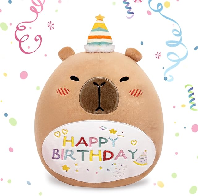 Capybara Birthday Plush 14in Stuffed Animal Pillow Cute Happy Birthday Capybara Gifts for Kids Boys Girls (Birhtday Capybara Plush Pillow)