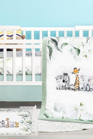 3 Pcs Baby Crib Bedding Set Safari Animals Dinosaurs Bear Woodland Animals Jungle Crib Set Includes Quilt, Fitted Sheet, Skirt for Baby Boy Girl(Light Blue,Safari)