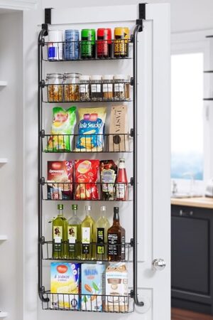 Delamu Over the Door Pantry Organizer, 6-Tier Metal Pantry Door Organization and Storage, Hanging Kitchen Basket Spice Rack Seasoning Shelves, Cabinet Door Organizer for Easy Install,D5xW18xH50inch