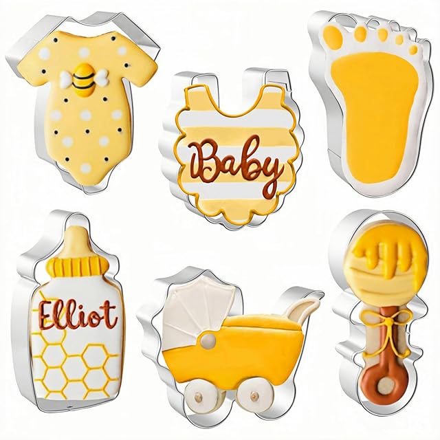 Baby Shower Cookie Cutters 6 PCS, 3.5'', 4'', 4.25'', Onesie, Bib, Bottle, Rattle, Carragie, Foot