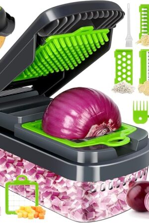 Vegetable Chopper,12-in-1 Multifunctional Food Chopper,Professional Onion Chopper with 7 Blades,Vegetable Cutter with Container for Salad,Potato,Carrot,and Garlic; Essential Kitchen Tool(Grey)