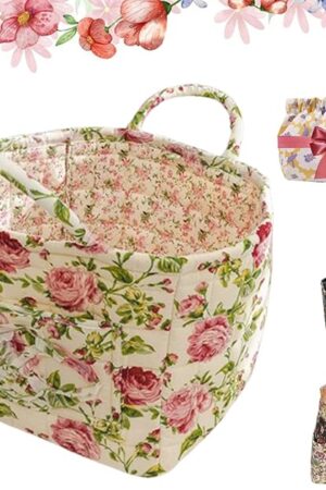 Boho Fabric Storage Basket, Large Capacity Tote Bag with Front Pocket, Boho Floral Laundry Baskets, Foldable Square-Shaped Decorative Quilted Storage Basket with Handles Home Organization (Color-P)