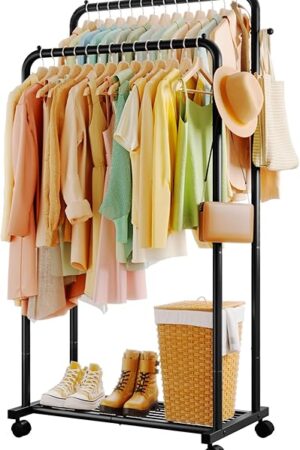 Clothes Rack - Double Rods Clothing Rack with Mesh Shelf, Hooks & Wheels, Metal Clothing Racks for Hanging Clothes & Bags, Multifunctional Garment Rack for Laundry, Black, 28.7" x 16.5" x 59.1"