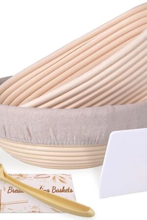 Banneton Bread Proofing Basket Set, 9 Inch Round & 10 Inch Oval, Natural Rattan Material, Ideal for Sourdough Bread Baking, Includes Linen Liner and Dough Scraper, Great Gift Idea