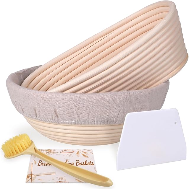 Banneton Bread Proofing Basket Set, 9 Inch Round & 10 Inch Oval, Natural Rattan Material, Ideal for Sourdough Bread Baking, Includes Linen Liner and Dough Scraper, Great Gift Idea
