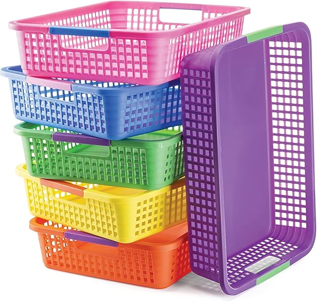 PREXTEX Classroom Storage Baskets for Papers, Crayons, Pencils, and Toy - Storage Plastic Baskets - Pack of 6