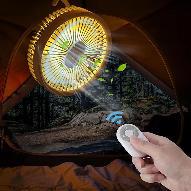 Camping Fans for Tents,Camping Fan with Light,Camp Fan for Tent, Personal USB Desk Fan Rechargeable Remote Control White Fan, 7 Inch Portable Outdoor Small Hanging