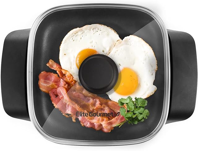 Elite Gourmet EG808 8? x 8" Non-stick Electric Skillet, Dishwasher Safe with Tempered Glass Vented Lid, Rapid Heat Up, 600W, Black